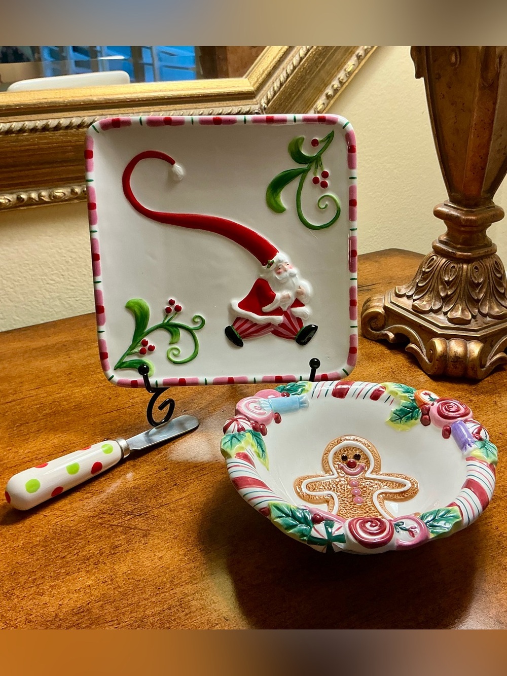 Fitz and Floyd Ceramic Santa Plate & Gingerbread Small Candy Bowl